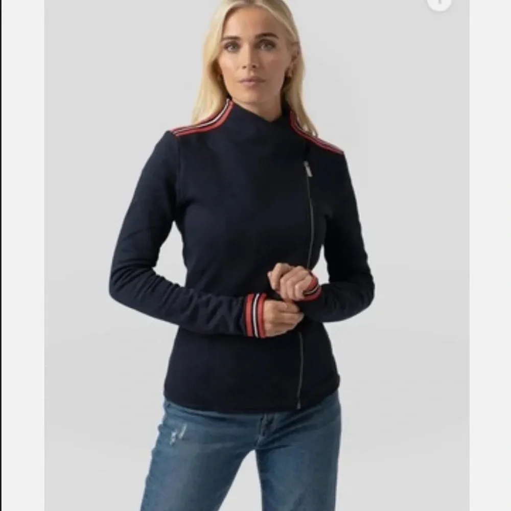 Saint + Sofia Organic Cotton Biker Jacket in Navy Red/Orange Stripe - Picture 2 of 10